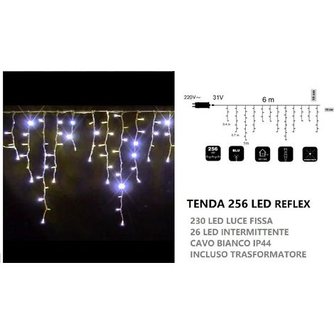 Tenda luminosa natalizia 256 luci led 6mt a flash di natale per feste uso esterno cavo bianco impermeabile a cascata  Calda