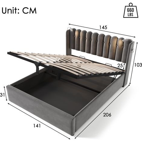 Letto Contenitore Letto Matrimoniale 140×200 cm con USB e Lampada da Lettura, senza Materasso, Velluto, Grigio (1/4)