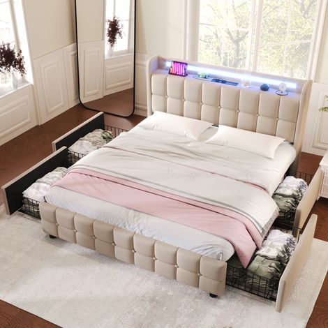 Bett Doppelbett Stauraum 140x200 LED USB Beige OKMYHOME (1/5)