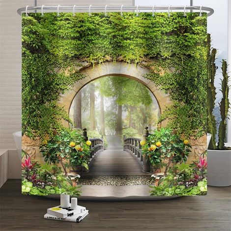 Rideau de Douche Garden 3D Paysage printanier Feuilles Vertes Arcade Pont en Bois Rideaux de Salle de Bain imperméables Rétro Paysage de Parc extérieur Forêt Décoration de Ferme 150x200cm (1/5)