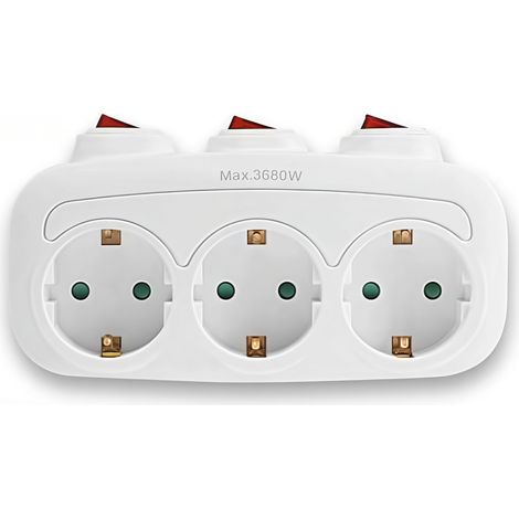 Multiprise Murale - 3 Prises Horizontales avec Interrupteurs Individuels - Adaptateur de Prise Sans Câble - Blanc - 16 A 250 V - 3680 W (1/4)