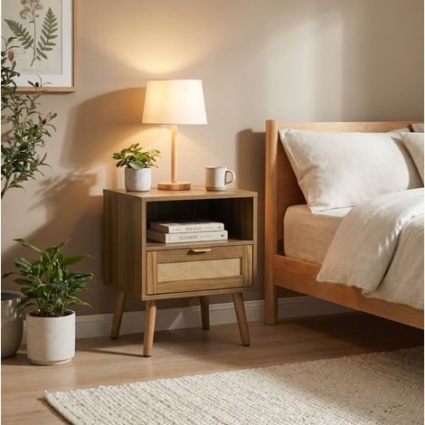 Table de chevet 45/40/55 cm aspect noyer avec rotin, 1 tiroir et niche ouverte style bohème (1/5)