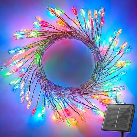 Guirlande solaire pour extérieur, 3 m, 100 LED, étanche, 8 modes de feux d'artifice, éclairage de balcon, pour arbre, terrasse, fête de Noël, décoration de mariage (Multicolore) (1/5)