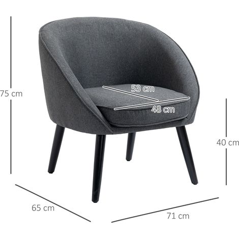Fauteuil Club Lounge Design Scandinave, Chaise Rembourrée Bureau & Salle à Manger, Tissu Lin Gris, Piètement Bois, 71x65x75 cm (1/5)