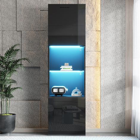 Vitrina 45x35x160 cm negra en tablero de partículas con LED, vidrio templado y sistema antivuelco (1/5)