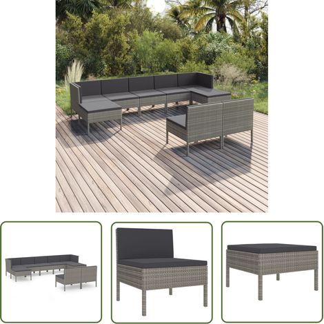 The Living Store 9-tlg. Garten-Lounge-Set mit Auflagen Poly Rattan Grau - Gartensortiment - Loungemöbel - Gartenloungeset - Outdoor-Möbel - Rattanmöbel (1/5)