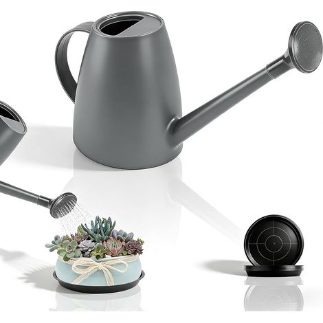 Petit arrosoir de 1,8 l - En plastique - Avec long bec verseur - Avec 10 pots de fleurs noirs - Soucoupe pour chambre et balcon - Plantes succulentes en pot - Gris (1/5)