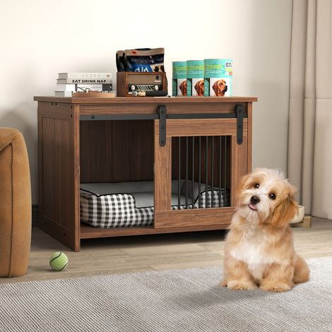 Cage pour Chien Moderne Niche en Bois avec Large Plateau Porte Coulissante Tubes Métalliques Résistants aux Morsures Brun