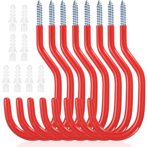 8 Pcs Crochet de Vélo, Support Velo Mural, Crochets de Rangement, Porte Velo Mural, Crochets de Garage, Crochets à Visser pour Plafond de Garage Vélos Outils électriques Tuyaux Arrosage(Rouge) (1/5)