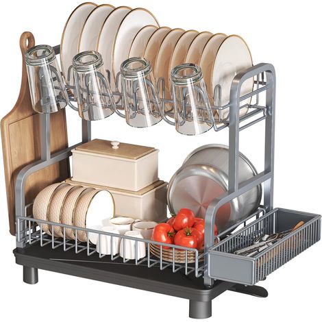 1 - Égouttoir Vaisselle - Acier Inoxydable - 2 Niveaux Avec Porte-gobelets Et Porte-ustensiles - Rangement Cuisine - Argenté - 37,5x27,5x40cm