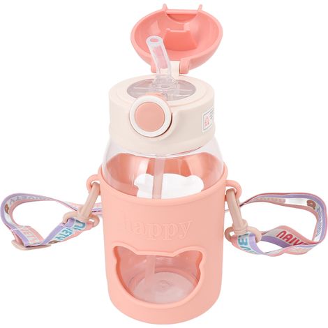 Tragbare Wasserflasche, auslaufsicher, mit Strohhalm und Etikett für Zuhause und Picknick, Rosa (1/5)