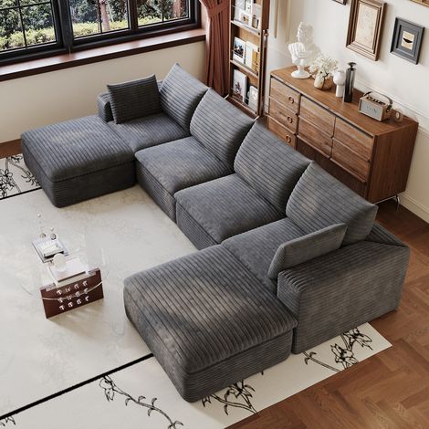 Canapé d'angle en U 340 cm en velours côtelé,conception double couche,revêtement amovible,canapé 4 places avec 2 repose-pieds amovible,gris foncé (1/5)