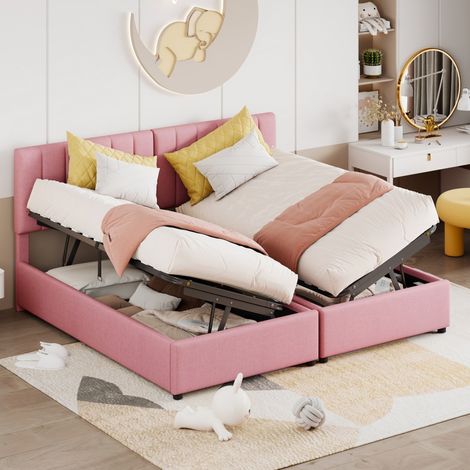 Lit coffre 180x200 cm - Lit double multifonctionnel en lin rose avec sommier hydraulique et tête de lit réglable - Rose (1/5)