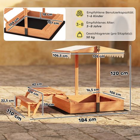 Bac à sable en bois avec toit, table de pique-nique pliante et bancs, pour enfants de 3 à 8 ans, 184 x 110 x 120 cm, marron (1/5)