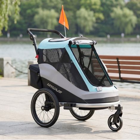 Remolque de bicicleta infantil 2 en 1 plegable con arnés de 5 puntos y ruedas de 16" HAVRYA (1/4)