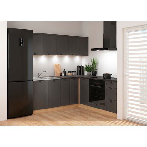 Pegane – Cuisine d'angle complète 200x200 cm – Meubles modulables gris graphite/Chêne bernstein – Plan de travail noir inclus – Armoires basses et hautes (1/3)