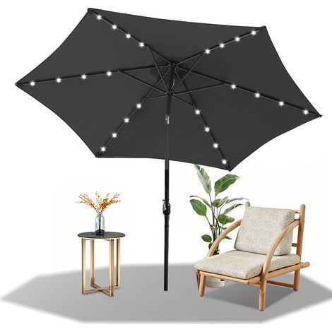 Randaco 2.7m Sonnenschirm UV50+ Neigbar Sonnenschutz Gartenschirm Strandschirm LED Solar, knickbar, Schirmtuch mit PA-Beschichtung, Grau