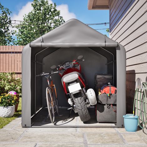Garage pour vélos de 160x220x165 cm, avec porte coulissante. Structure en acier noir, peinte anti-rayures. Abri extérieur en plastique résistant aux intempéries, idéal pour les vélos et les outils de 