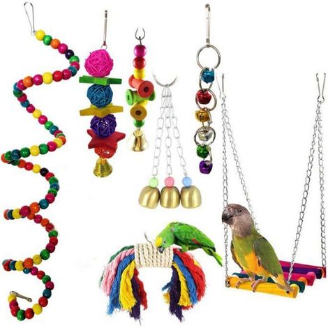 Jouet Oiseau - 7 Pièces Jouets Suspendus en Bois Naturel pour Perroquet - Balançoire Cage à Oiseaux - Pour Aras Perruches et Petits Perroquets - Lot de 7