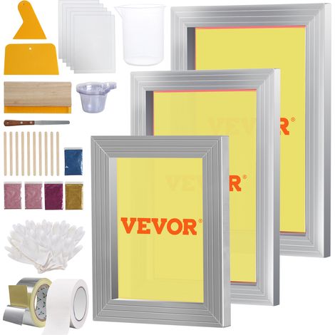 VEVOR Kit de Serigrafía, 3 Marcos de Serigrafía de Aluminio 25,4x35,6cm/20,3x30,48cm/15,2x25,4cm Malla 110, 5 Lentejuelas y Rasquetas de Serigrafía y Películas Transparentes para Camisetas, Impresión