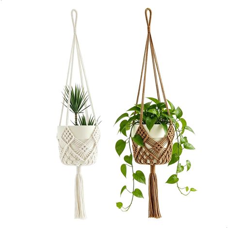 2 Pièces Suspension Plante,Pot Suspendu Plante Interieur Exterieur de Style Bohème,Jardinière Suspendue avec Crochets pour Plafond,Balcon,Fenêtre,Décoration Murale (Marron,Blanc) (1/5)