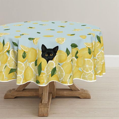 Runde Tischdecke 120 cm mit Zitronen-Katzen-Muster, abwaschbar, Polyester