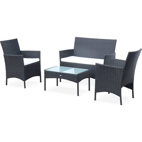 Ensemble de jardin en résine tressée. salon 4 places fauteuil Moltès Noir / Ecru