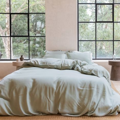 Housse de couette en satin de lyocell Lyocell thermorégulatrice, coloris gris vert - PANGIVO