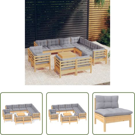 Terrassensofa -  12-tlg. Garten-Lounge-Set mit Grauen Kissen Massivholz Kiefer (1/5)