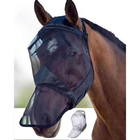 Masque facial pour cheval, masque anti-mouches avec protection UV et narines, motif poney noir (M) (1/5)
