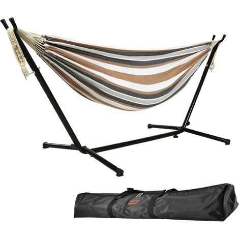 Goutime Doppelhängematte (2,6 m) mit Gestell, Tragkraft 250 kg, inklusive Tragetasche. Ideal für Terrasse, Patio, Innenhof und Balkon (Braun/Weiß).