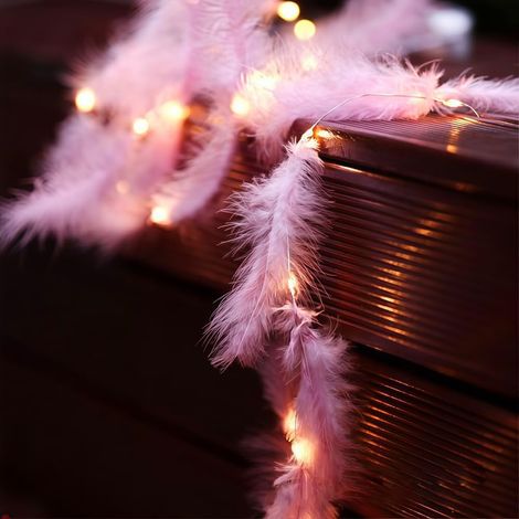 2M 20 Feather String Lights with 20 Micro LEDs, Warm White Copper String Lights Battery Powered for Party, Garden, Christmas, Halloween, Wedding (Pink) (1/5)
