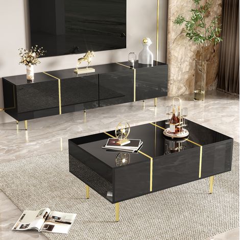 Möbel TV Möbel Aufbewahrung Schwarz Hochglanz Set OKMYHOME (1/5)