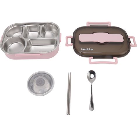Boîte à lunch isotherme en acier inoxydable avec bol à soupe, baguettes et cuillère, rose, pour adultes et enfants. (1/5)