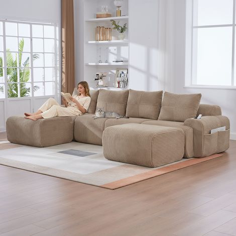 Canapé modulaire velours côtelé 4 personnes avec 2 tabourets combinable librement porte-gobelet sac rangement latéral salon familial fixe (1/5)
