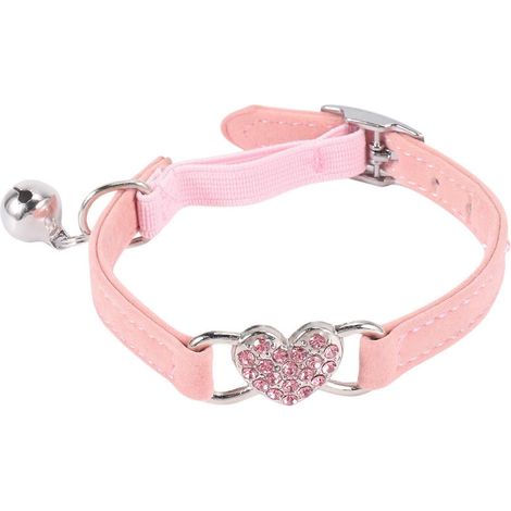 Collier pour chat avec pendentif cœur et clochette, élastique de sécurité ajustable, en velours doux, rose, taille S. (1/5)