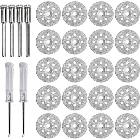 22 disques de coupe diamantés 22,5 mm avec mandrins et tournevis, mini disques abrasifs pour meuleuse rotative, découpe de carrelage, verre, pierre et matériaux (1/5)