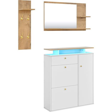 3-teiliges Flurmöbel-Set mit Spiegel, Garderobe und LED-Schuhschrank, weiß, 105 x 25 x 151,5 cm (1/5)
