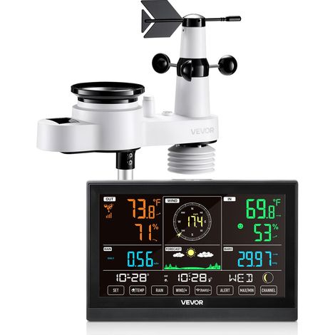 Station Météo Sans Fil 5 en 1, Station Météo Solaire Intérieur Extérieur, avec Écran VA 190,5 mm, Capteur, Prévisions, Température, Humidité, Vitesse et Direction Vent, Précipitations, Sans Wifi (1/5)