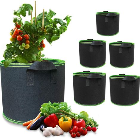 Set di 5 sacchi per la semina - 30 L - Realizzati in tessuto non tessuto - Vasi per la semina spessi e traspiranti con manici - Per pomodori, piante, ortaggi, fiori, fragole, serre e