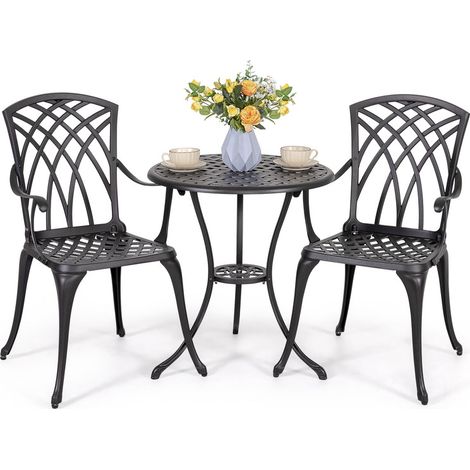 Avestar 3-teiliges Bistro Set Metall aus Aluminiumguss, Gartenmöbel Set, Balkonmöbel, runder Bistrotisch mit 2 Gartenstühlen, Schwarz Raute