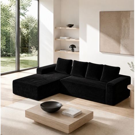 Canapé d'angle modulable en L avec méridienne droite, tissu corduroy noir, REDOM (1/5)