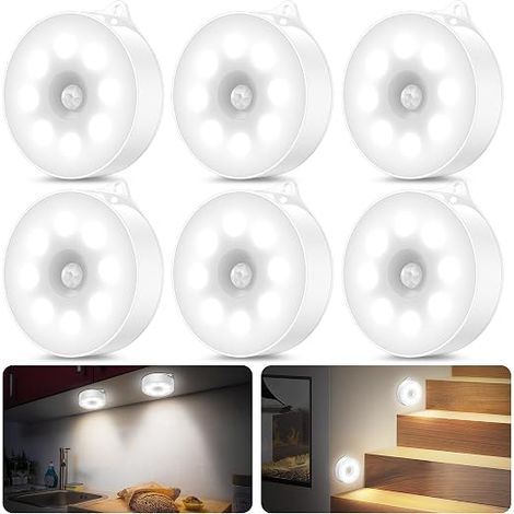 Motion Detector Light for Interior, LED Motion Detector Light, 3 x AAA Battery-Operated, Wireless LED Light for Cabinets, Stairs, Cupboards, Kitchen (6 Pieces of Cool White) (1/5)