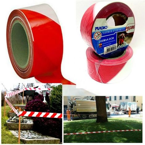 2 PZ NASTRO SEGNALETICO SEGNALATORE BIANCO ROSSO 4.8CM X 200METRI STRADE CANTIERE (1/4)