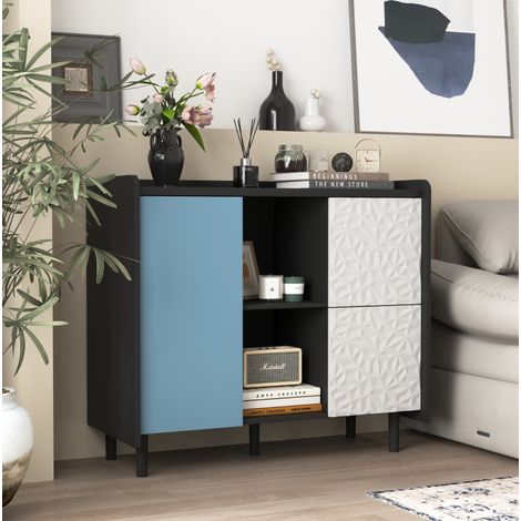 Credenza sideboard nera con ante blu, 2 cassetti, vani a giorno e armadietto in MDF, 90 x 40 x 80 cm (1/5)