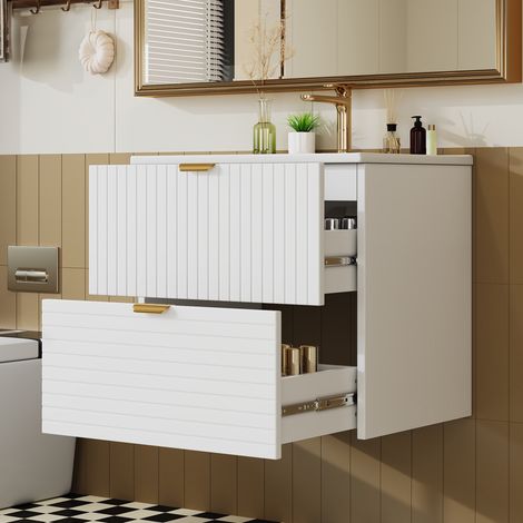 Modernluxe - Meuble de salle de bain suspendu 61x46x57 cm - Vasque intégrée - 2 tiroirs - MDF entièrement peint - Blanc (1/5)