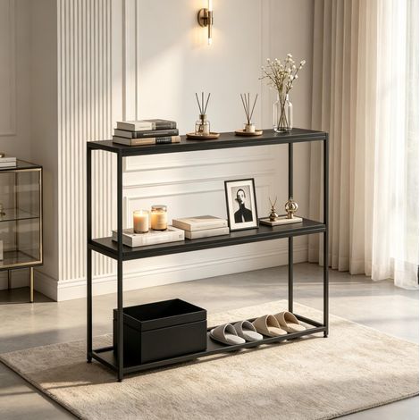 Konsolentisch 100 x 30 x 87 cm aus Stahl und Spanplatten, Schwarz, 2 Ebenen – MEUBLIV (1/5)