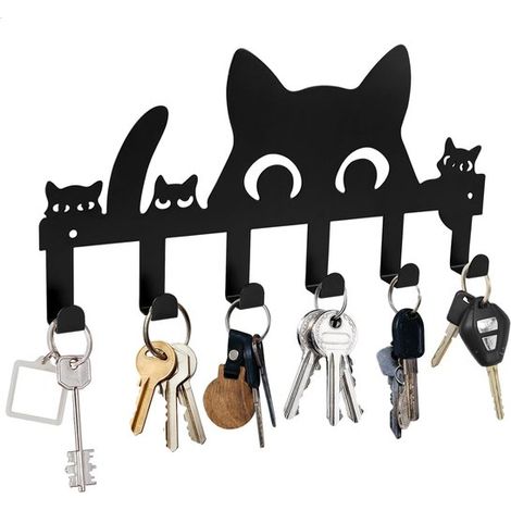 Portachiavi a forma di gatto con 6 ganci, ganci autoadesivi, portachiavi da parete a forma di animale, decorazione murale in ferro, adatto per corridoi e casa (nero, 27 x 13 cm) (1/5)