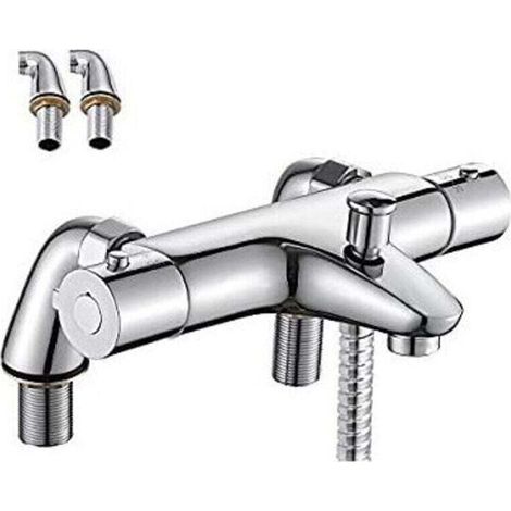 Mitigeur Thermostatique Baignoire, Robinet Thermostatique Bain Douche avec Bouton de Sécurisé à 38°C, Robinets de douche Thermostatique pour Baignoire, Laiton, Anti-brûlure (1/4)