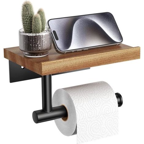 Portarotolo di carta igienica nero con ripiano in legno, fissaggio a parete in acciaio inox per bagno e WC. (1/5)